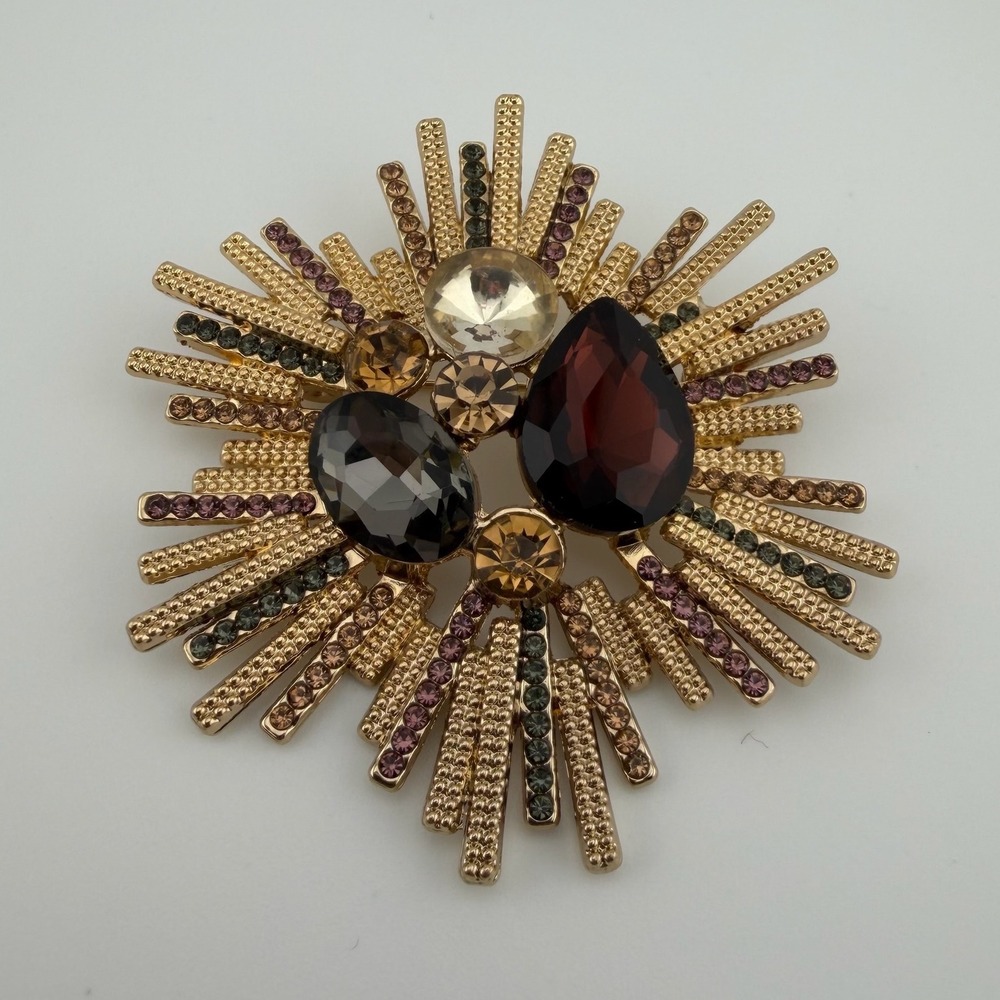 Gold Tone Burgundy Sunburst Rhinestone Crystal Statement Brooch
